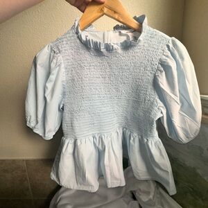 Blue Peplum Blouse with Smocked Bodice and Mandarin Collar
